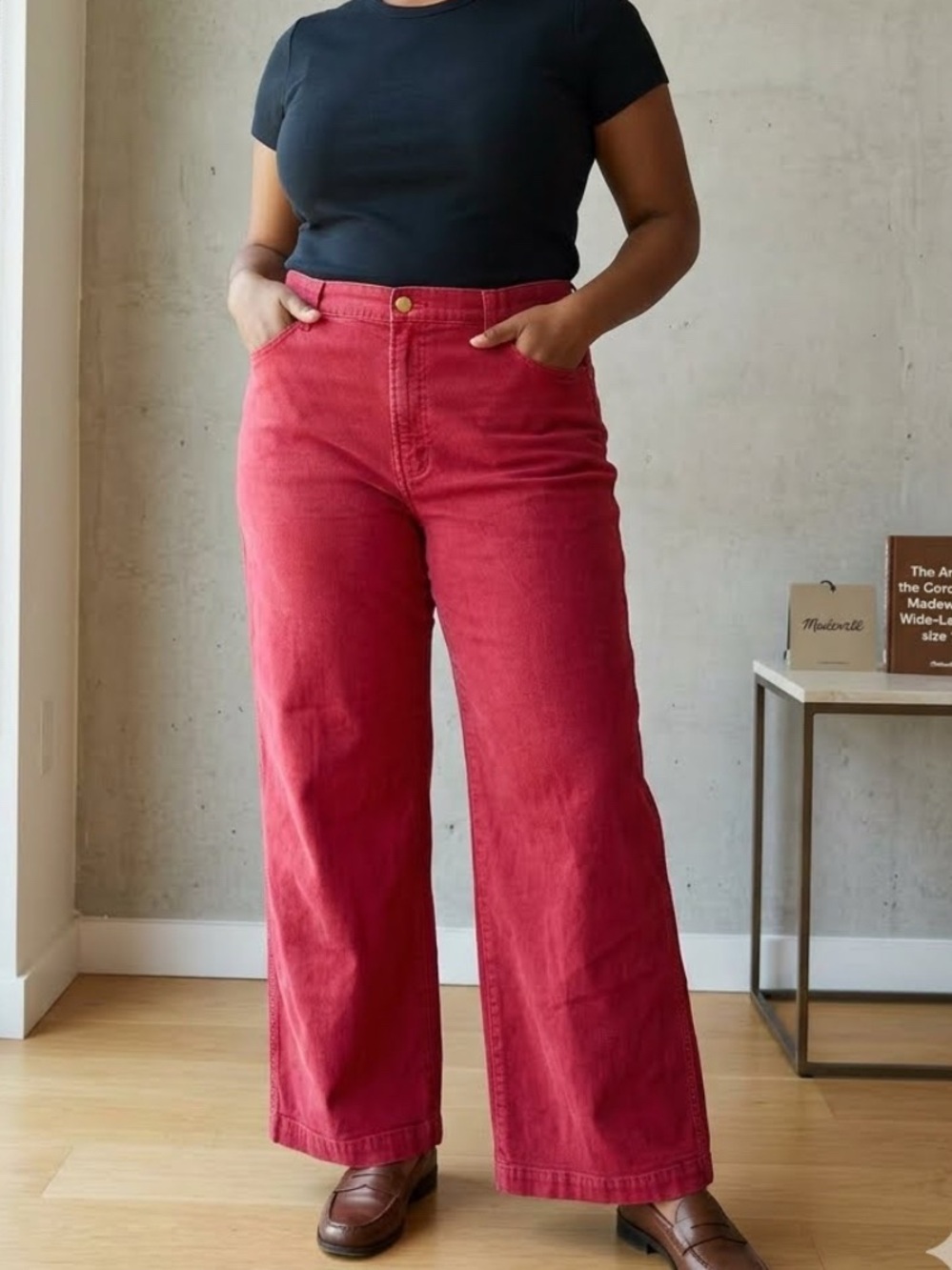 Madewell Emmett Wide-Leg Pants Size 33 Berry Red Pink Cotton Stretch High Rise